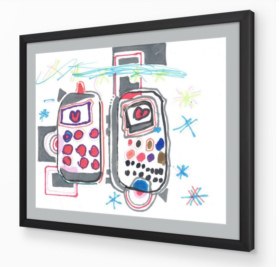 Framed original children's marker drawing, gallery grey mat